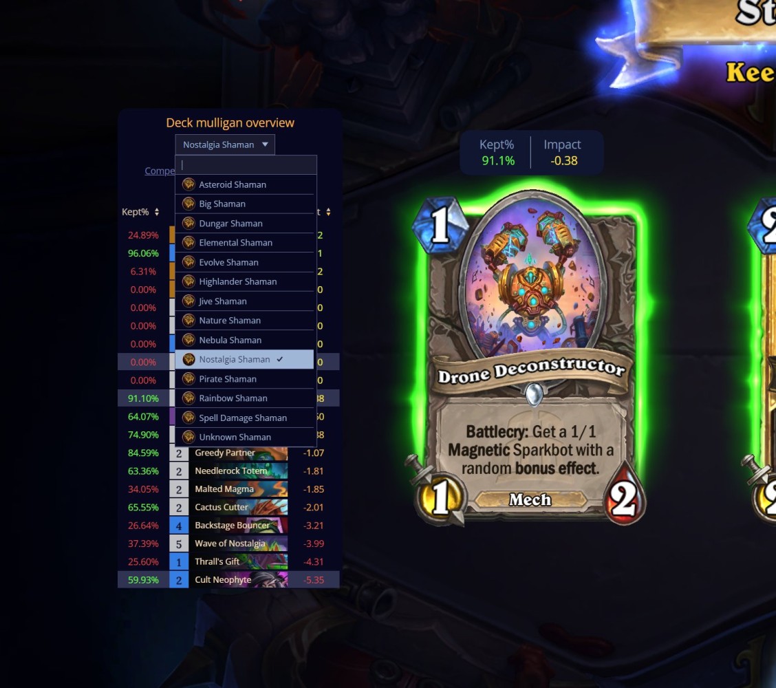 Win rate depending on cards kept or swapped in the starting hand in Firestone