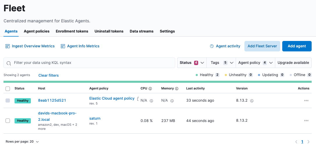 Elastic Fleet Management interface for OpenTelemetry