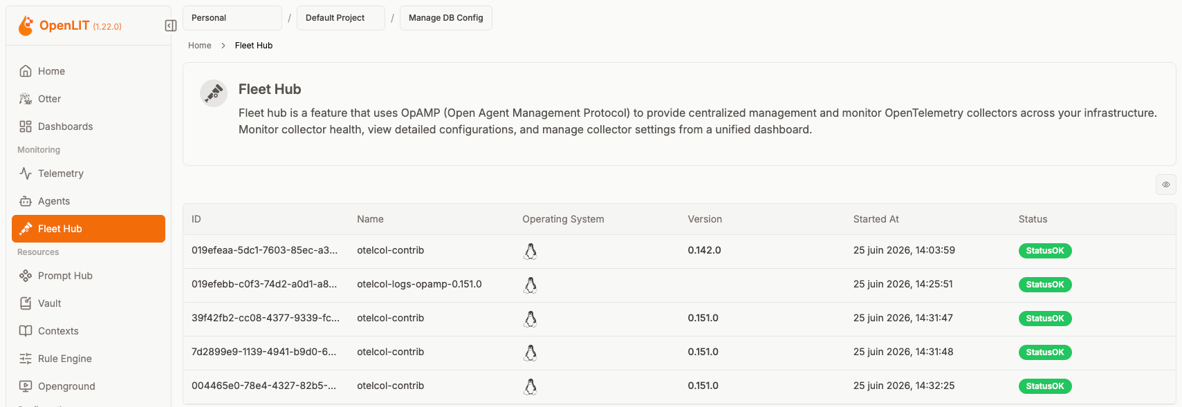 OpenLIT Fleet Hub interface