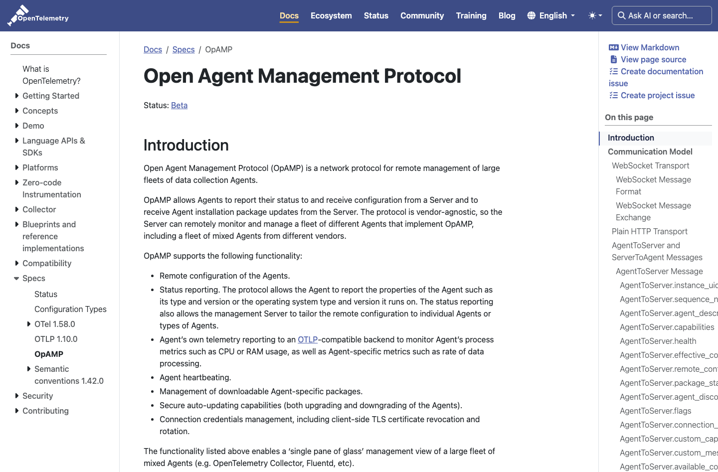 Official OpenTelemetry documentation about OpAMP